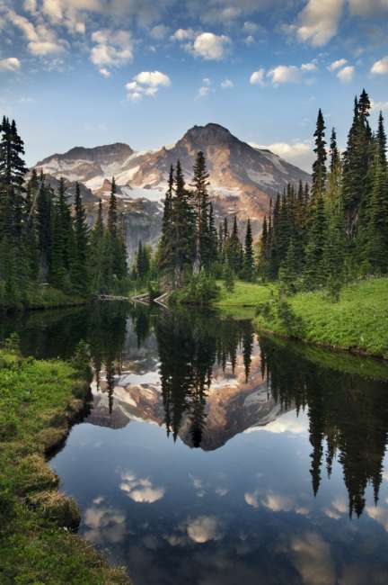 Mount Rainier reflecting in Mirror lakes, Mount Rainier National Park, Washington, USA