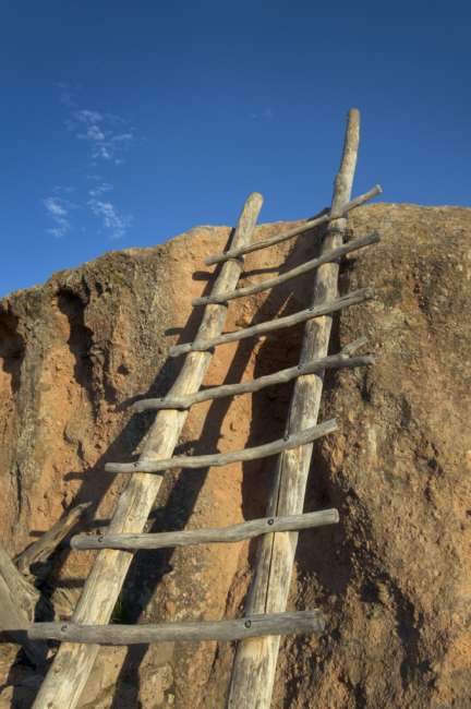 A ladder leading to a rock overlook at the Tsankawi section of Bandalier National Monument, New Mexico, USA