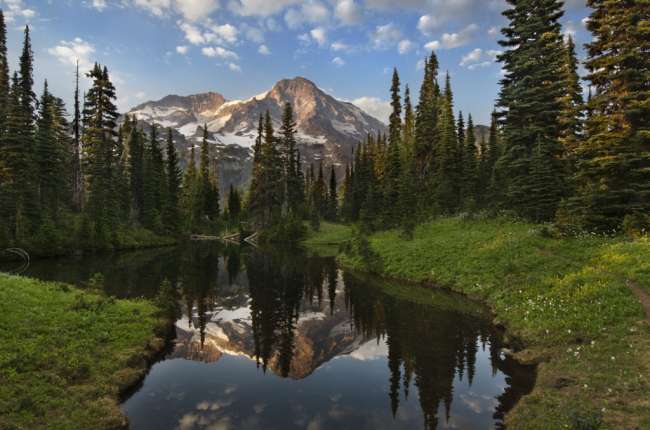 Mount Rainier reflecting in Mirror lakes, Mount Rainier National Park, Washington, USA
