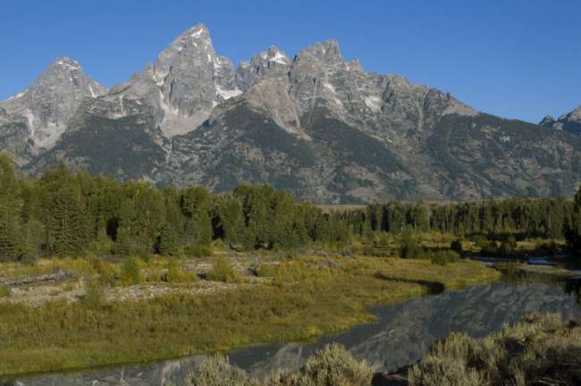 The grand Teton Range seen from Schwabacher Road, Grand Teton National Park, Wyoming, USA