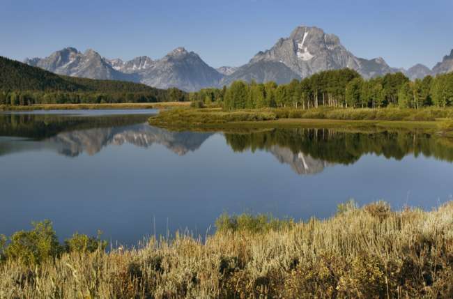 Mount Moran seen from Oxbow Bend, Grand Teton National Park, Wyoming, USA