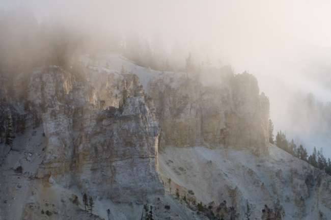 Sun filtering through low fog near lower Yellowstone Falls, Yellowstone National Park, Wyoming, USA