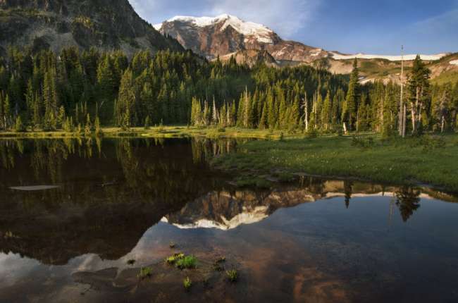 Mineral Mountain and Mount Rainier reflected in Mystic Lake, Mount Rainier National Park, Washington, USA