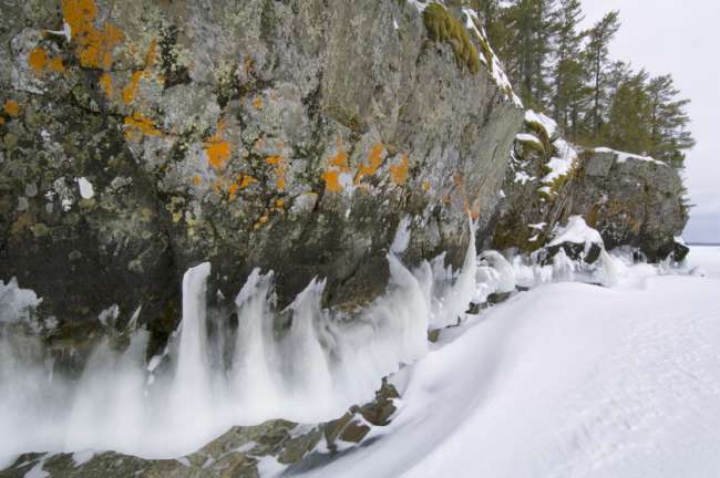 Ice on a rock wall, near Anderson Bay, Rainy Lake, Voyageurs National Park, Minnesota, USA